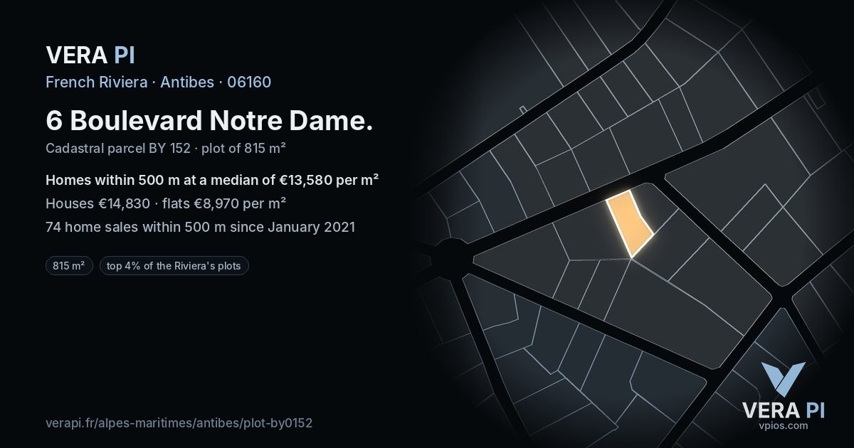 6 Boulevard Notre Dame, Antibes at night – the plot lit, the parcels around coloured by the prices near them