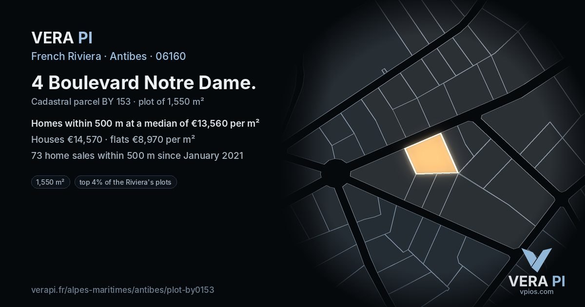 4 Boulevard Notre Dame, Antibes at night – the plot lit, the parcels around coloured by the prices near them