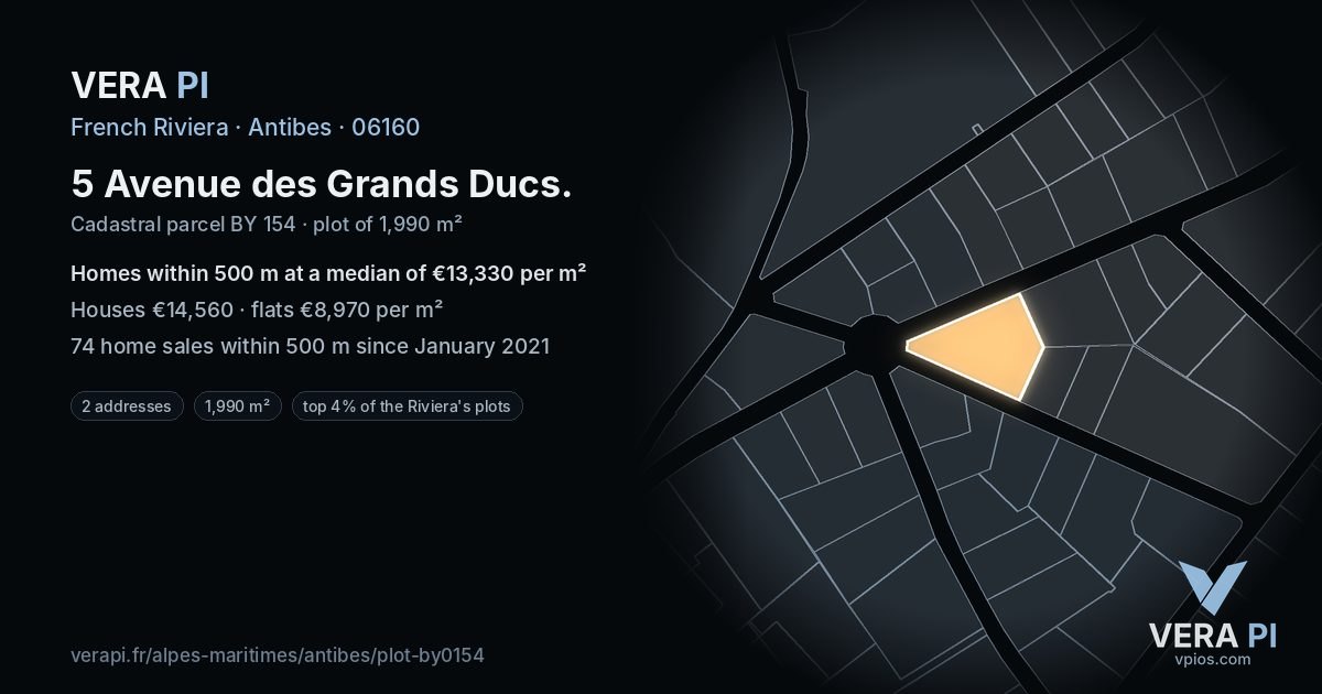 5 Avenue des Grands Ducs, Antibes at night – the plot lit, the parcels around coloured by the prices near them
