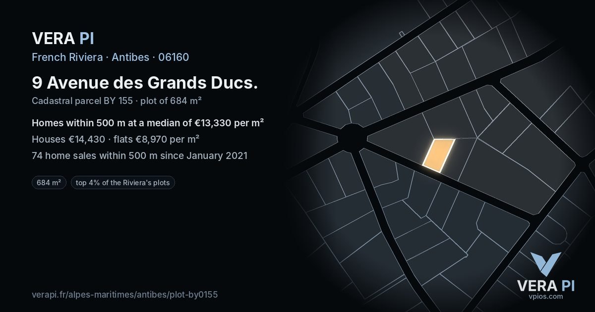 9 Avenue des Grands Ducs, Antibes at night – the plot lit, the parcels around coloured by the prices near them