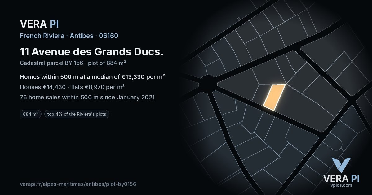 11 Avenue des Grands Ducs, Antibes at night – the plot lit, the parcels around coloured by the prices near them