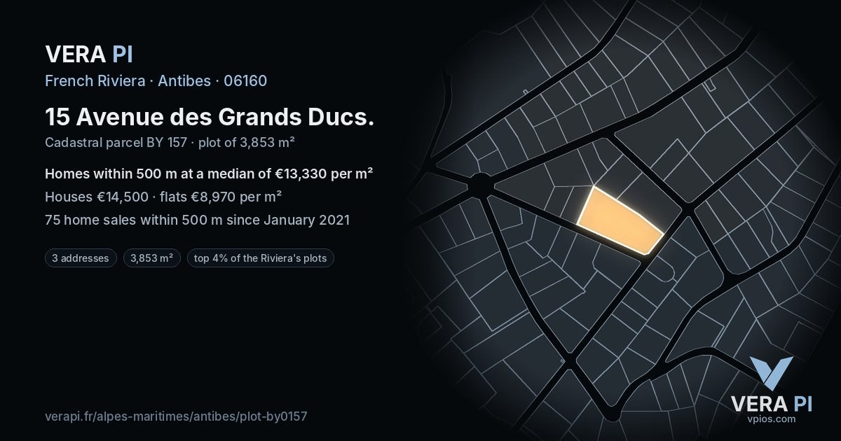 15 Avenue des Grands Ducs, Antibes at night – the plot lit, the parcels around coloured by the prices near them