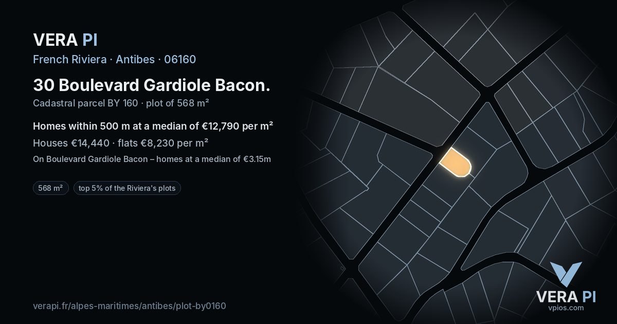 30 Boulevard Gardiole Bacon, Antibes at night – the plot lit, the parcels around coloured by the prices near them