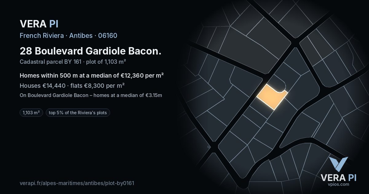 28 Boulevard Gardiole Bacon, Antibes at night – the plot lit, the parcels around coloured by the prices near them