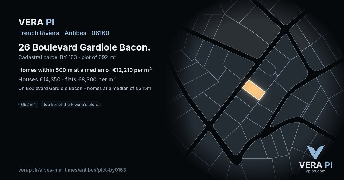 26 Boulevard Gardiole Bacon, Antibes at night – the plot lit, the parcels around coloured by the prices near them