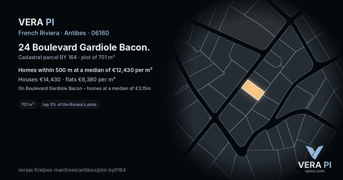 24 Boulevard Gardiole Bacon, Antibes at night – the plot lit, the parcels around coloured by the prices near them