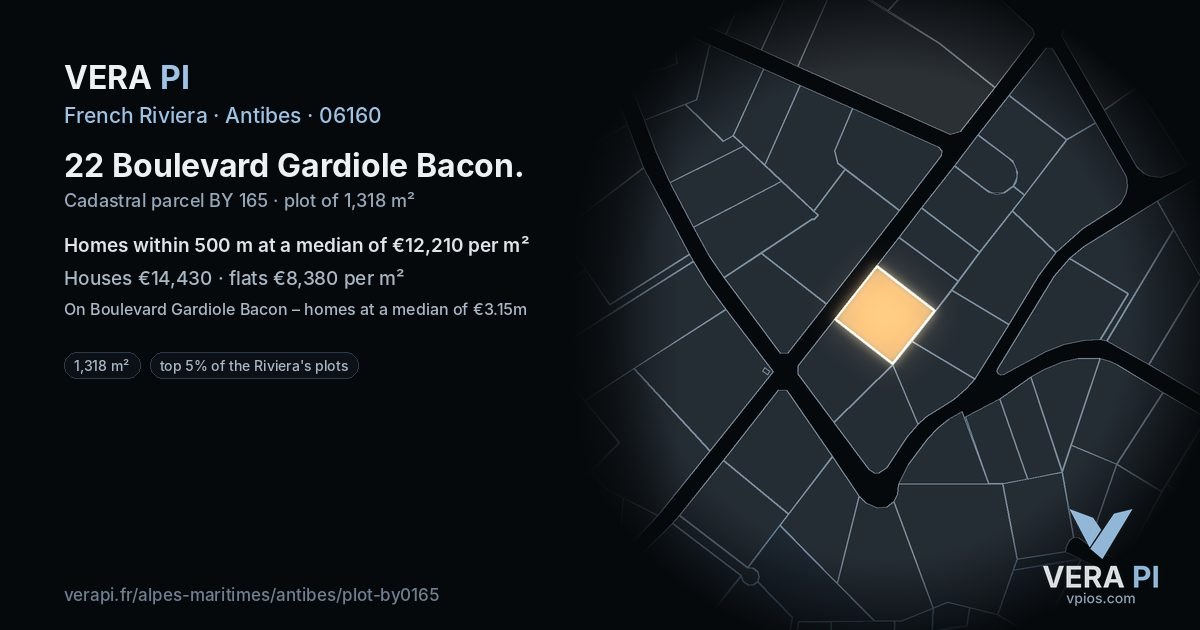 22 Boulevard Gardiole Bacon, Antibes at night – the plot lit, the parcels around coloured by the prices near them