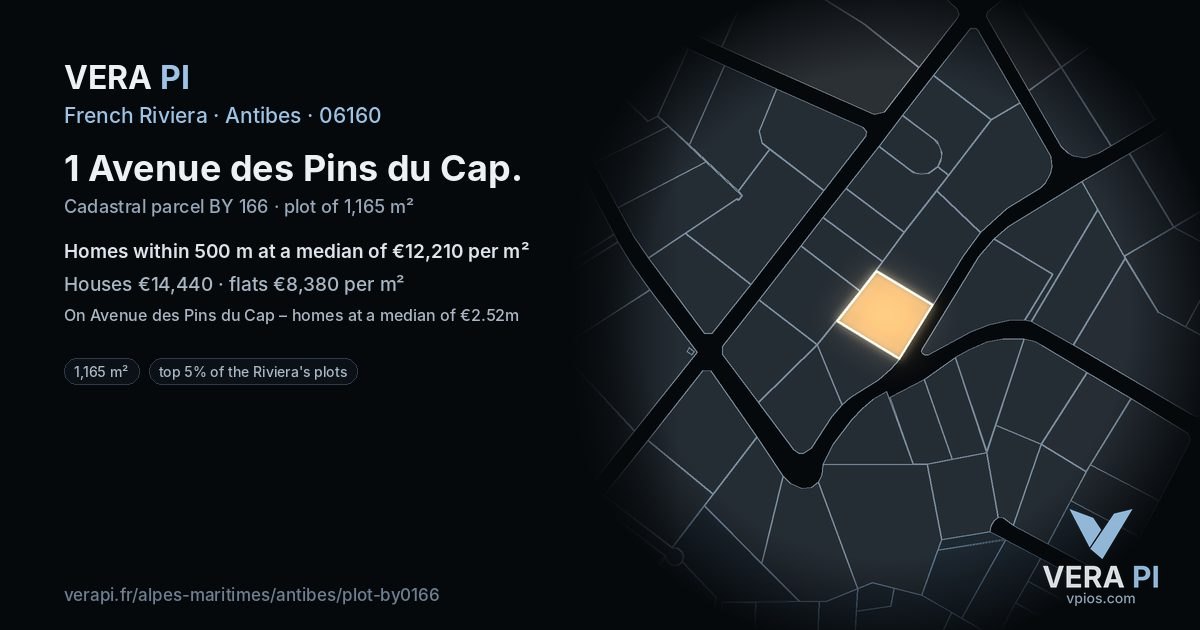 1 Avenue des Pins du Cap, Antibes at night – the plot lit, the parcels around coloured by the prices near them