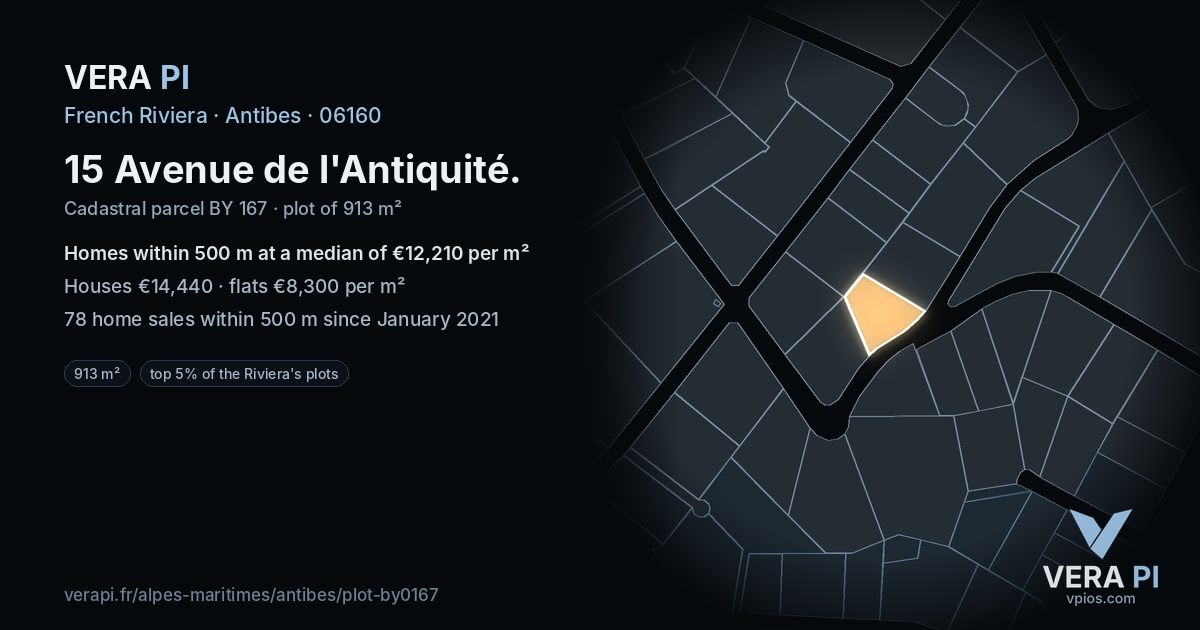 15 Avenue de l'Antiquité, Antibes at night – the plot lit, the parcels around coloured by the prices near them