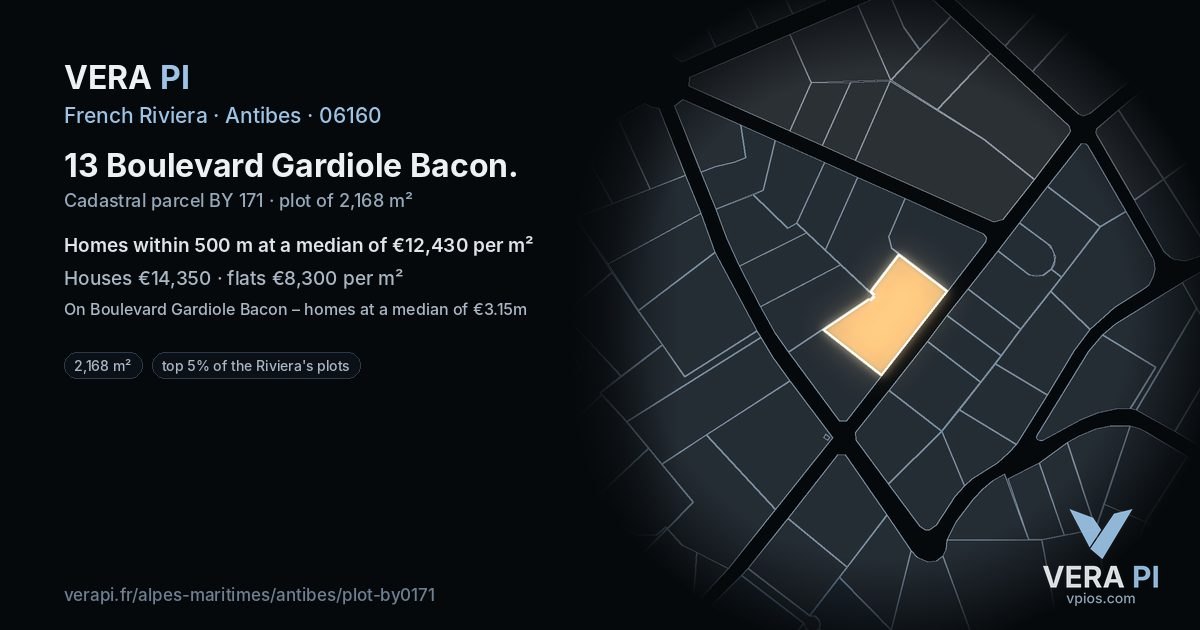 13 Boulevard Gardiole Bacon, Antibes at night – the plot lit, the parcels around coloured by the prices near them