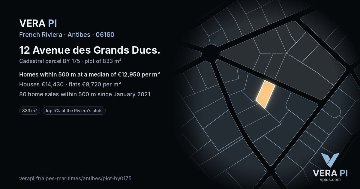 12 Avenue des Grands Ducs, Antibes at night – the plot lit, the parcels around coloured by the prices near them