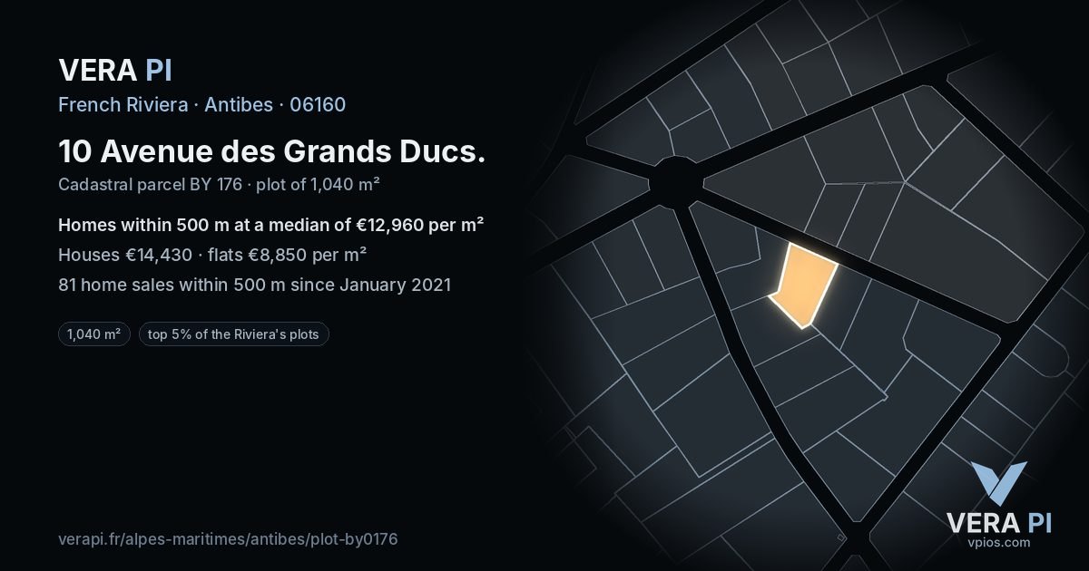 10 Avenue des Grands Ducs, Antibes at night – the plot lit, the parcels around coloured by the prices near them