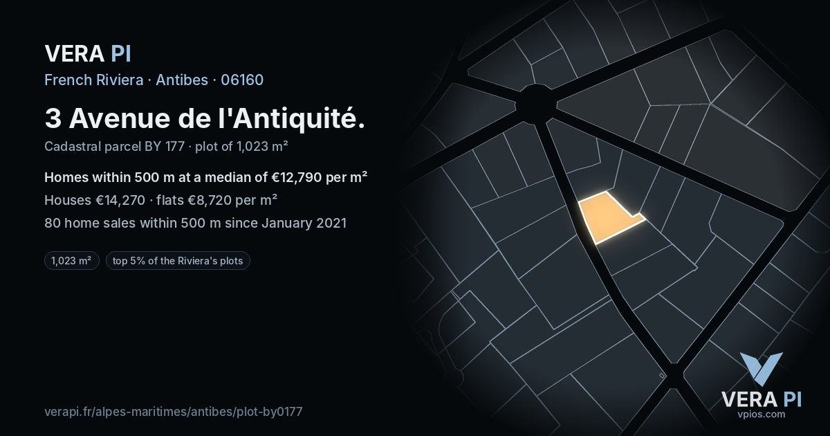 3 Avenue de l'Antiquité, Antibes at night – the plot lit, the parcels around coloured by the prices near them