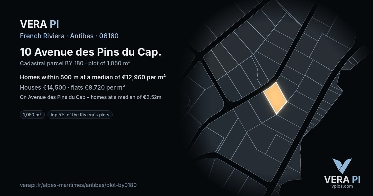 10 Avenue des Pins du Cap, Antibes at night – the plot lit, the parcels around coloured by the prices near them