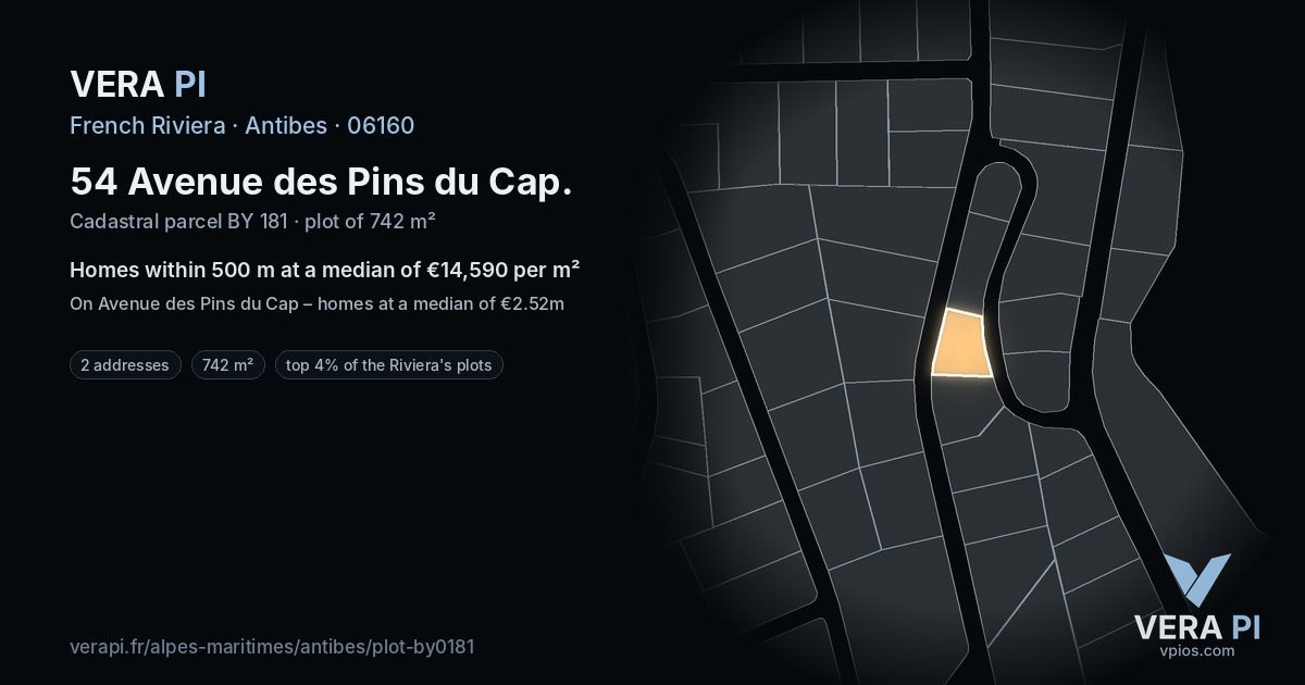 54 Avenue des Pins du Cap, Antibes at night – the plot lit, the parcels around coloured by the prices near them