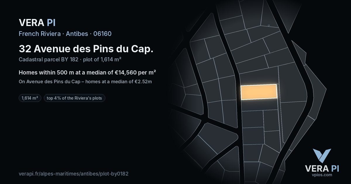32 Avenue des Pins du Cap, Antibes at night – the plot lit, the parcels around coloured by the prices near them
