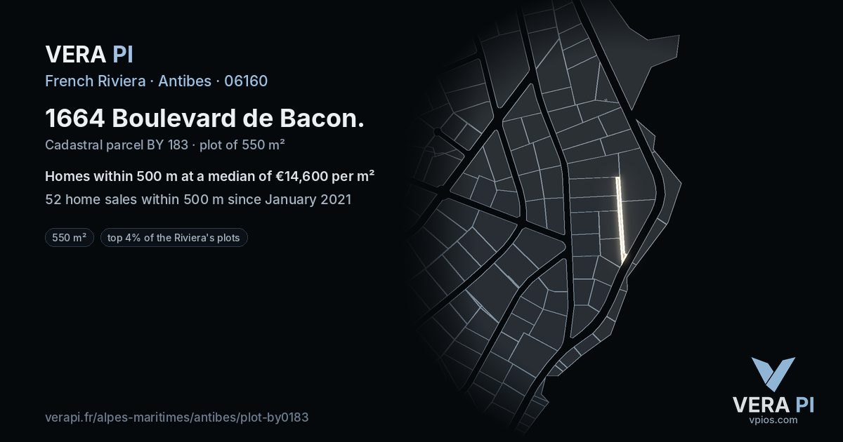 1664 Boulevard de Bacon, Antibes at night – the plot lit, the parcels around coloured by the prices near them