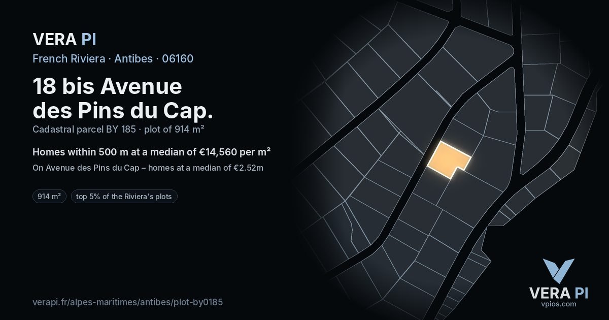 18 bis Avenue des Pins du Cap, Antibes at night – the plot lit, the parcels around coloured by the prices near them