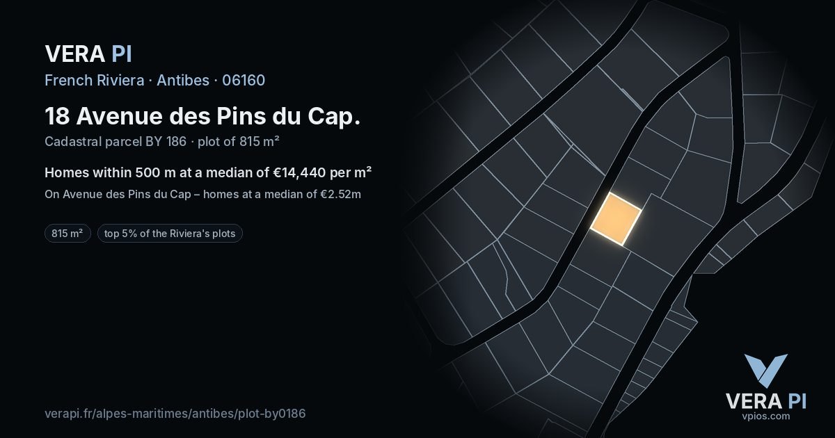 18 Avenue des Pins du Cap, Antibes at night – the plot lit, the parcels around coloured by the prices near them