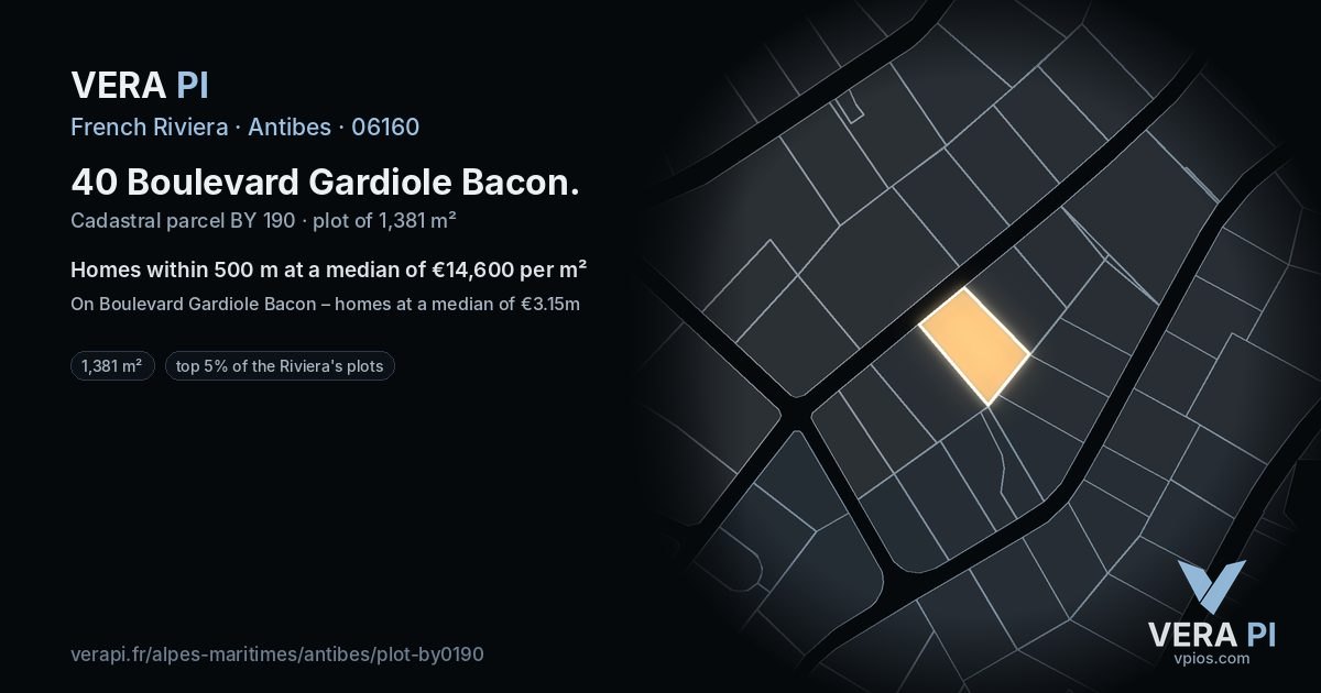 40 Boulevard Gardiole Bacon, Antibes at night – the plot lit, the parcels around coloured by the prices near them