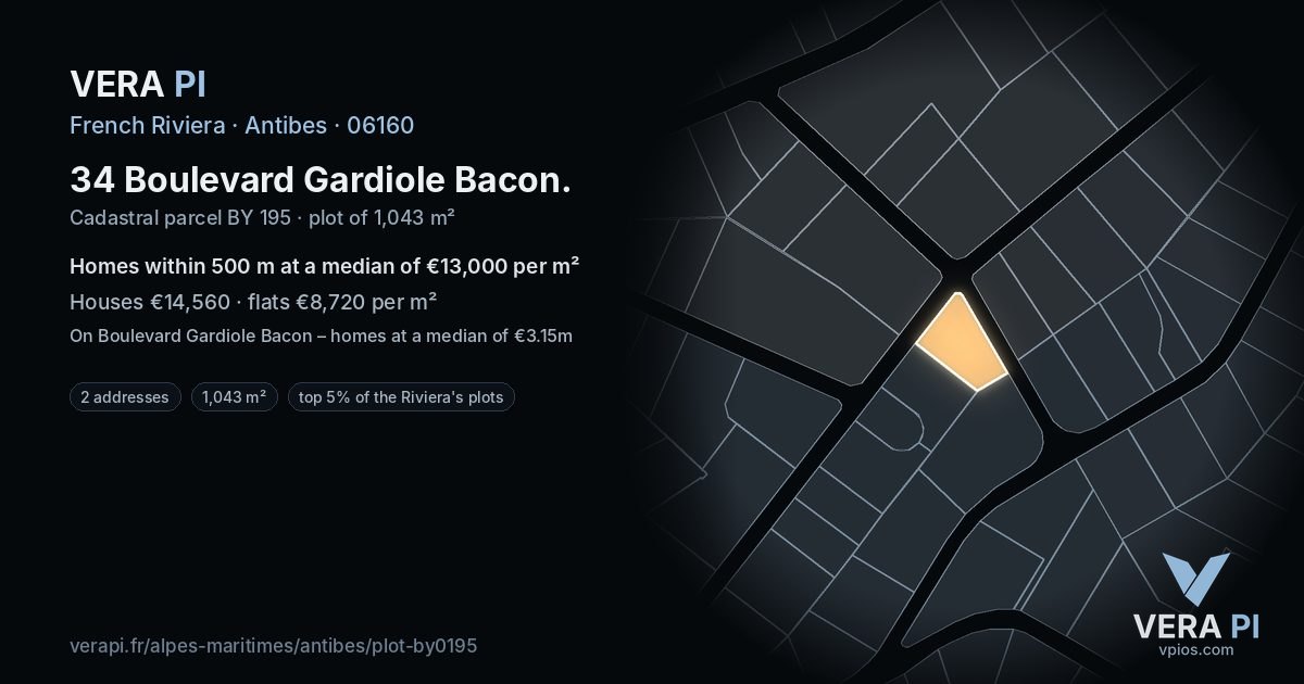34 Boulevard Gardiole Bacon, Antibes at night – the plot lit, the parcels around coloured by the prices near them