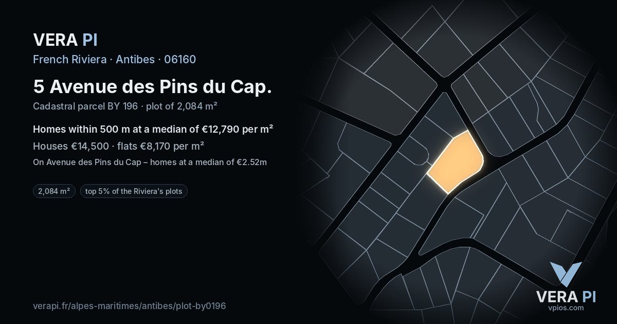 5 Avenue des Pins du Cap, Antibes at night – the plot lit, the parcels around coloured by the prices near them