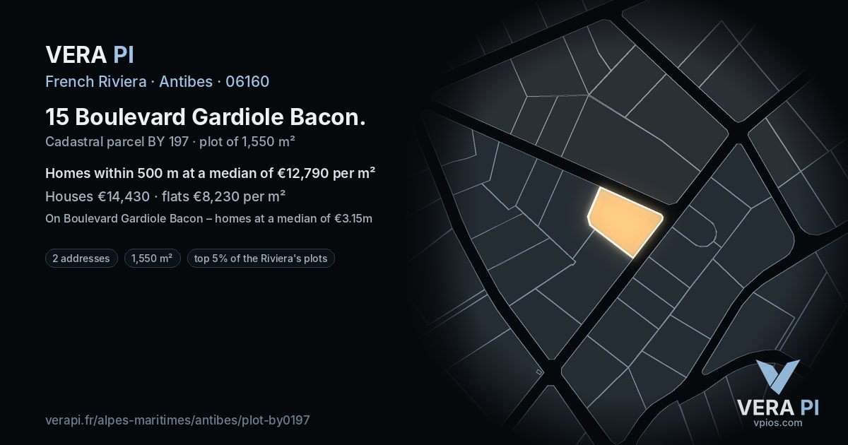 15 Boulevard Gardiole Bacon, Antibes at night – the plot lit, the parcels around coloured by the prices near them