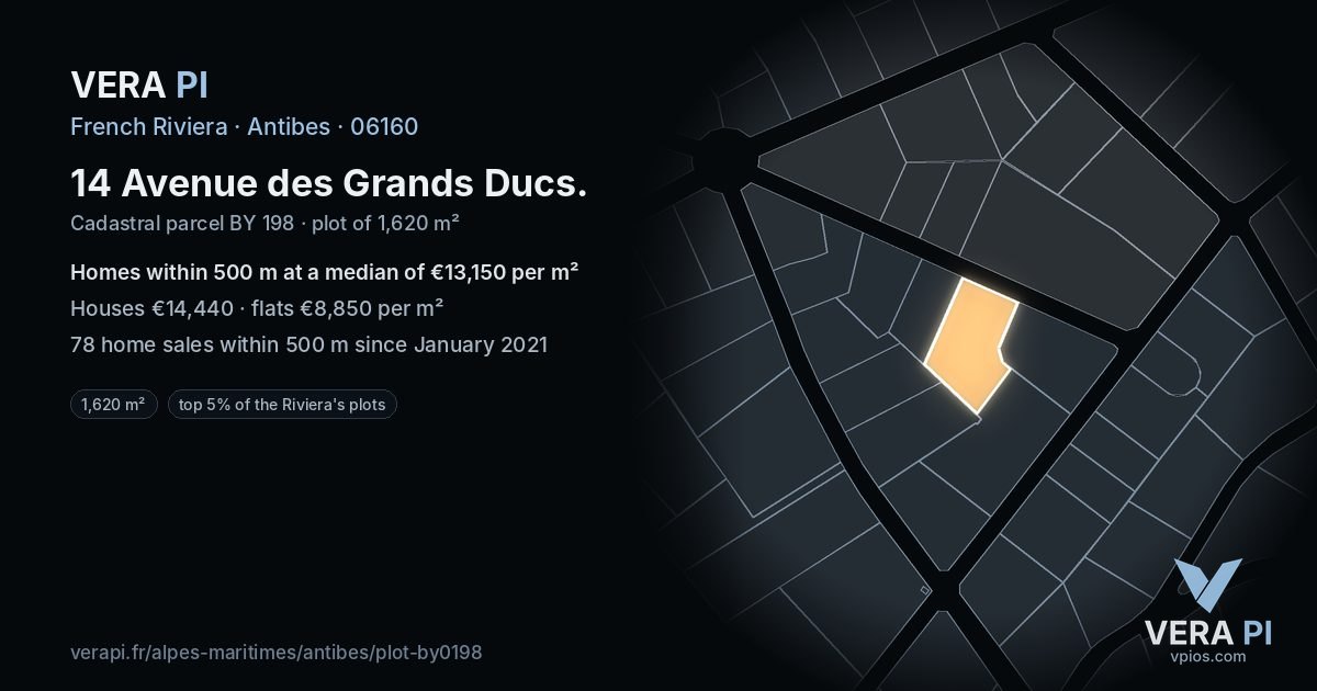 14 Avenue des Grands Ducs, Antibes at night – the plot lit, the parcels around coloured by the prices near them