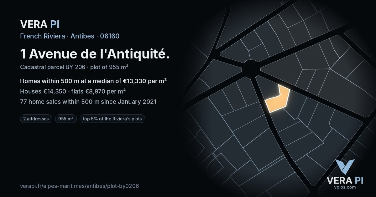 1 Avenue de l'Antiquité, Antibes at night – the plot lit, the parcels around coloured by the prices near them