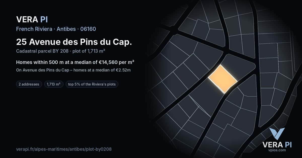 25 Avenue des Pins du Cap, Antibes at night – the plot lit, the parcels around coloured by the prices near them