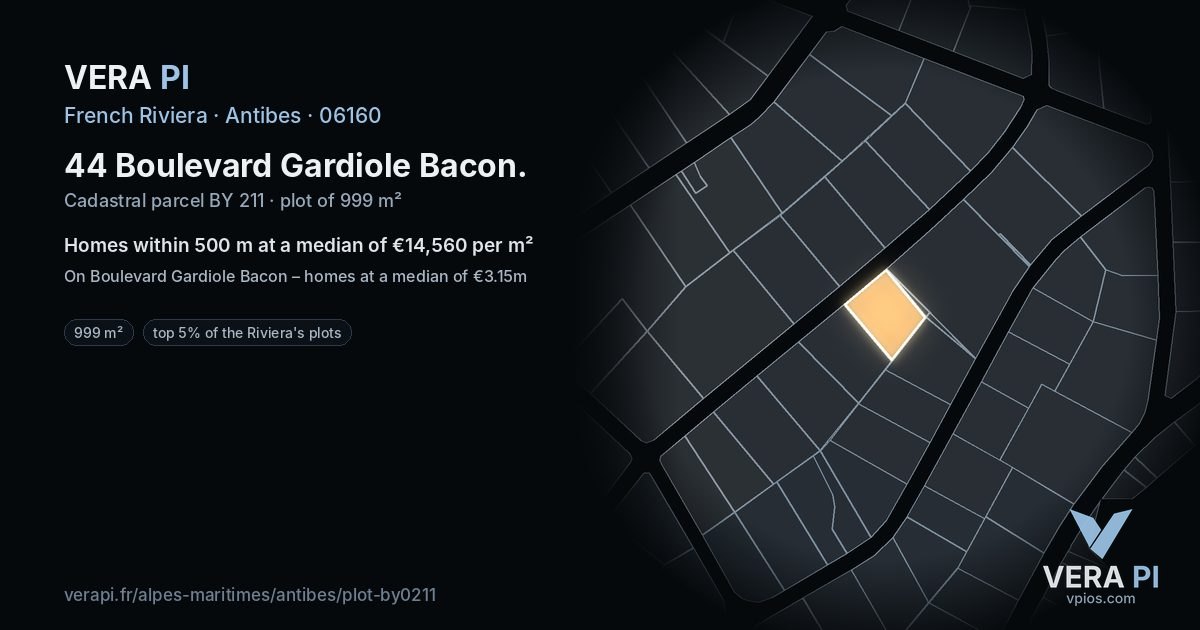 44 Boulevard Gardiole Bacon, Antibes at night – the plot lit, the parcels around coloured by the prices near them