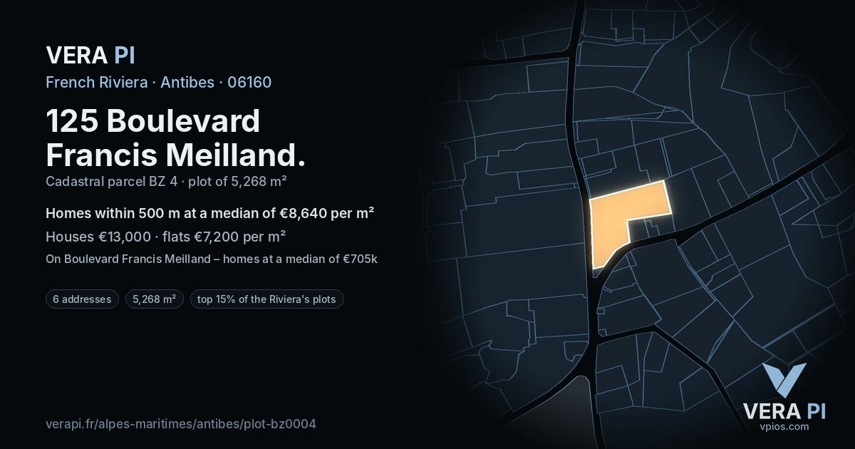 125 Boulevard Francis Meilland, Antibes at night – the plot lit, the parcels around coloured by the prices near them