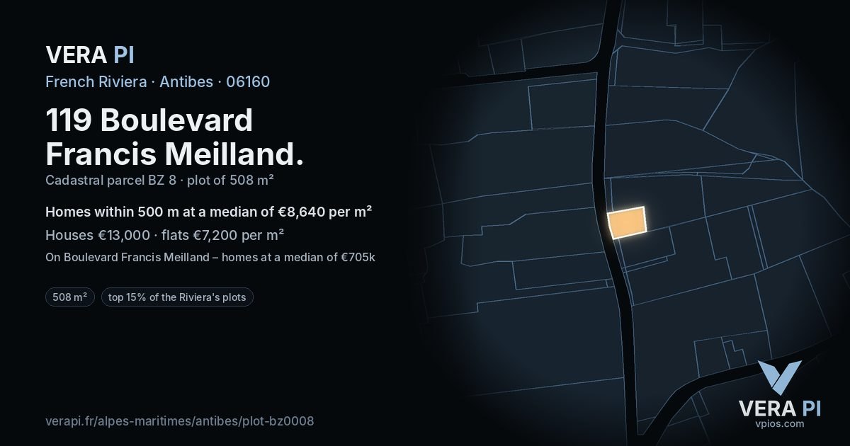 119 Boulevard Francis Meilland, Antibes at night – the plot lit, the parcels around coloured by the prices near them