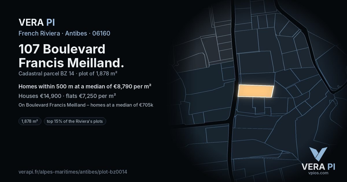 107 Boulevard Francis Meilland, Antibes at night – the plot lit, the parcels around coloured by the prices near them
