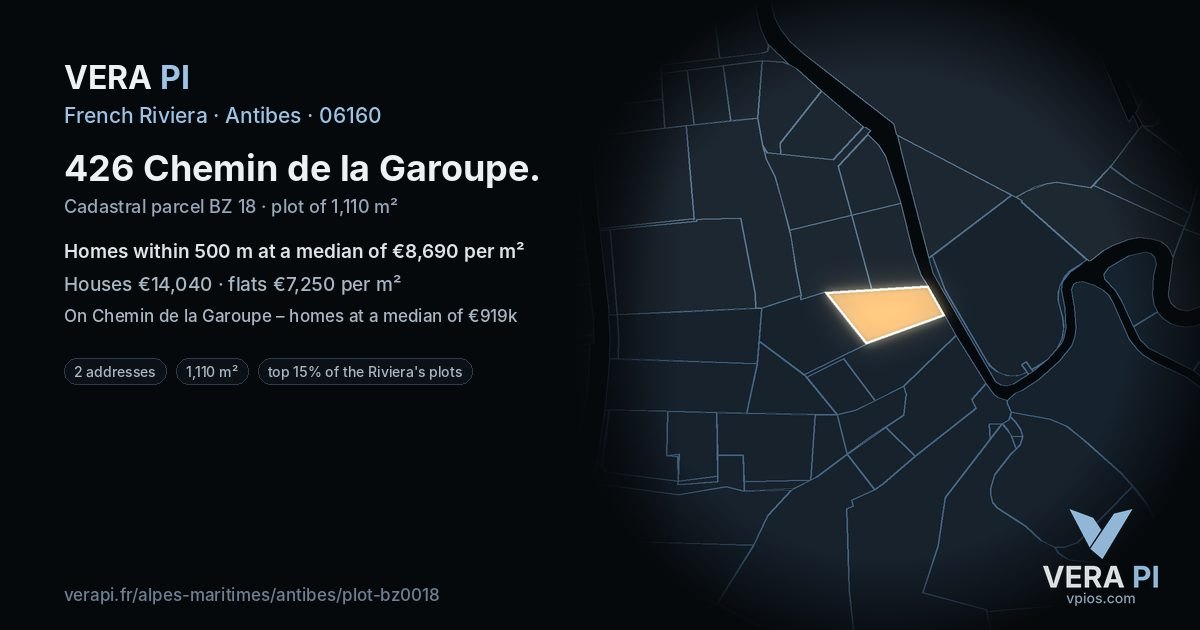 426 Chemin de la Garoupe, Antibes at night – the plot lit, the parcels around coloured by the prices near them