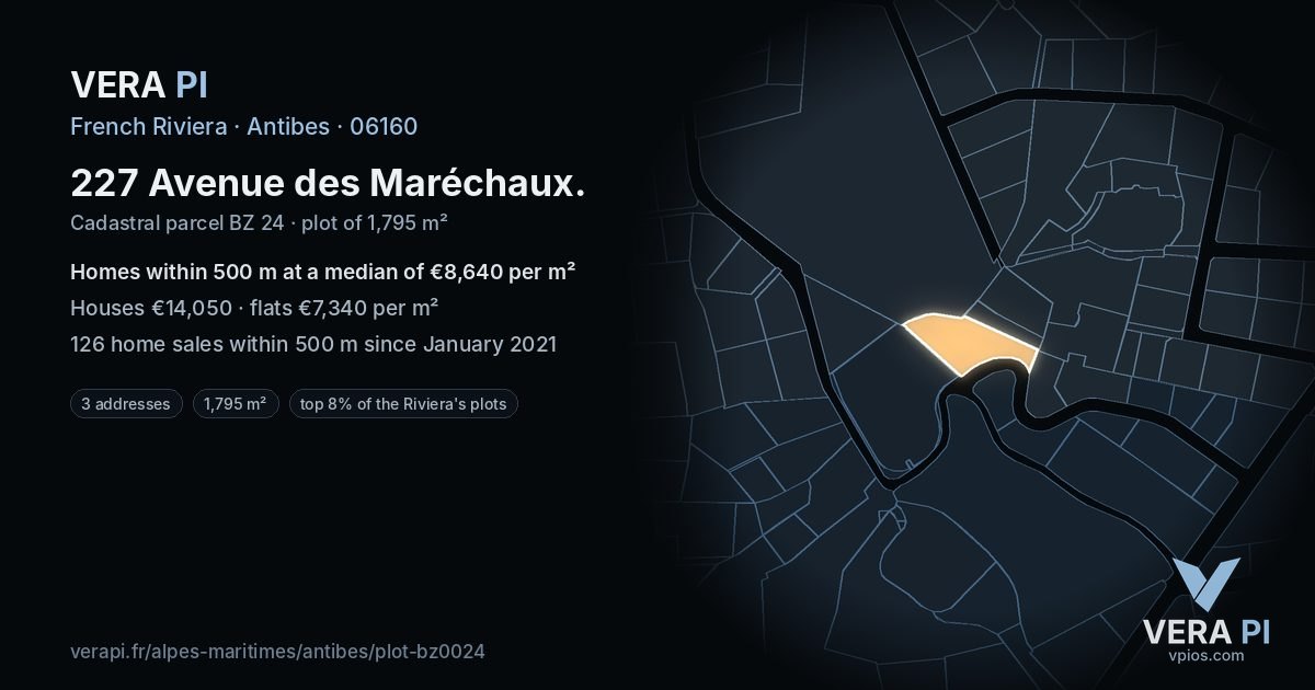 227 Avenue des Maréchaux, Antibes at night – the plot lit, the parcels around coloured by the prices near them