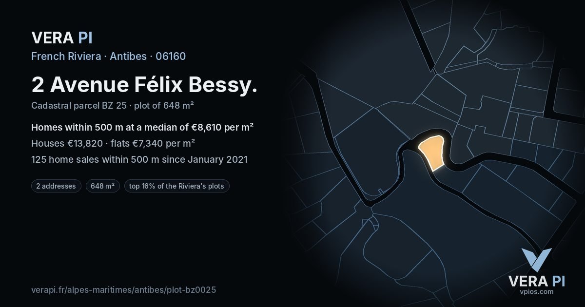 2 Avenue Félix Bessy, Antibes at night – the plot lit, the parcels around coloured by the prices near them