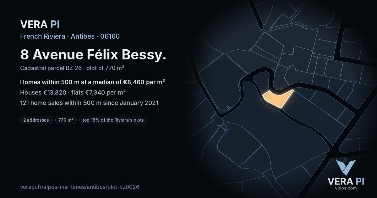 8 Avenue Félix Bessy, Antibes at night – the plot lit, the parcels around coloured by the prices near them