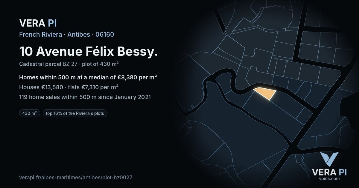 10 Avenue Félix Bessy, Antibes at night – the plot lit, the parcels around coloured by the prices near them