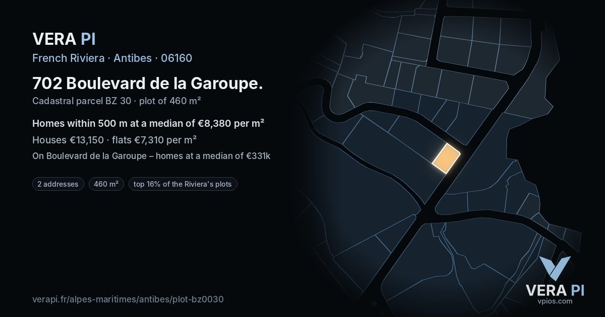 702 Boulevard de la Garoupe, Antibes at night – the plot lit, the parcels around coloured by the prices near them