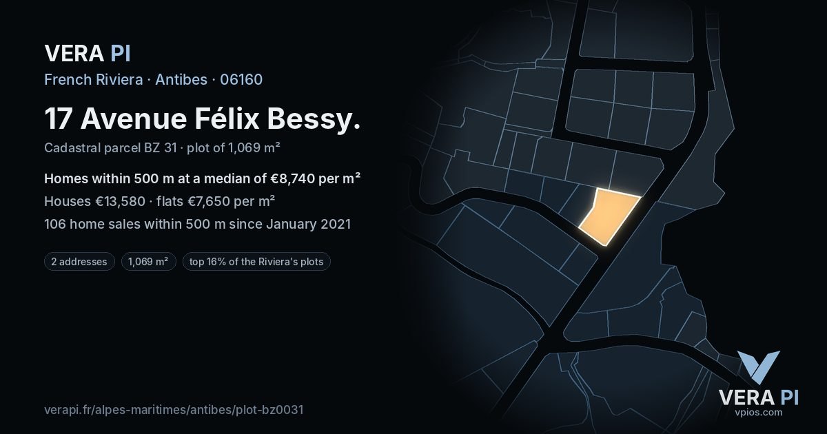 17 Avenue Félix Bessy, Antibes at night – the plot lit, the parcels around coloured by the prices near them