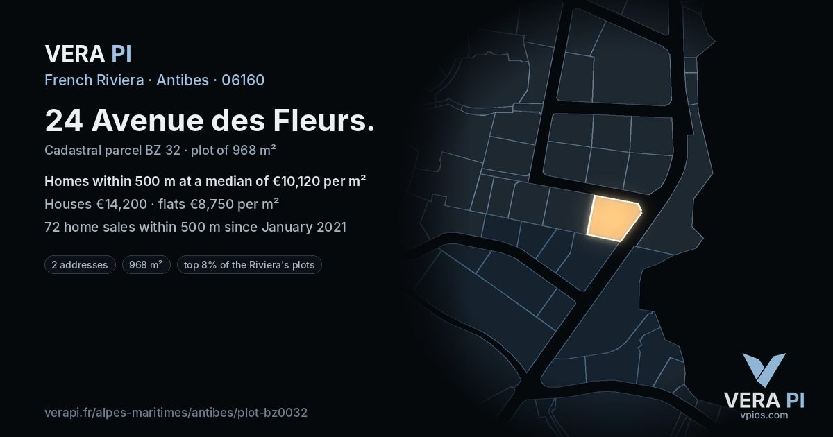 24 Avenue des Fleurs, Antibes at night – the plot lit, the parcels around coloured by the prices near them