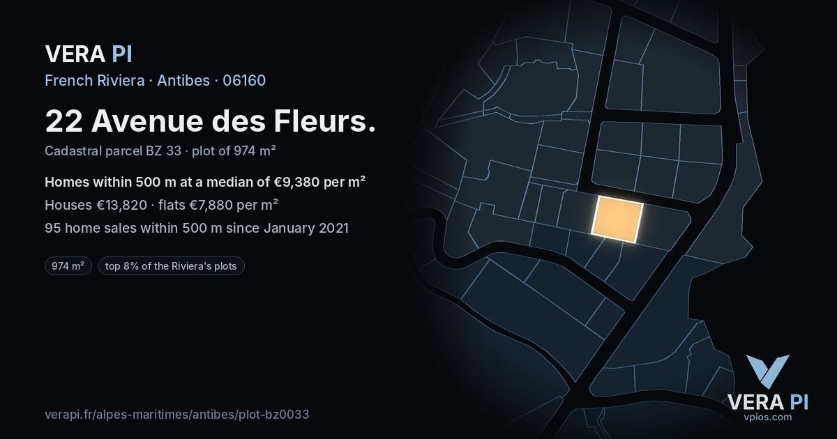 22 Avenue des Fleurs, Antibes at night – the plot lit, the parcels around coloured by the prices near them