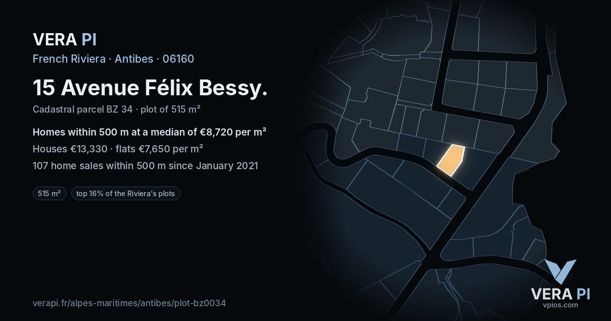 15 Avenue Félix Bessy, Antibes at night – the plot lit, the parcels around coloured by the prices near them