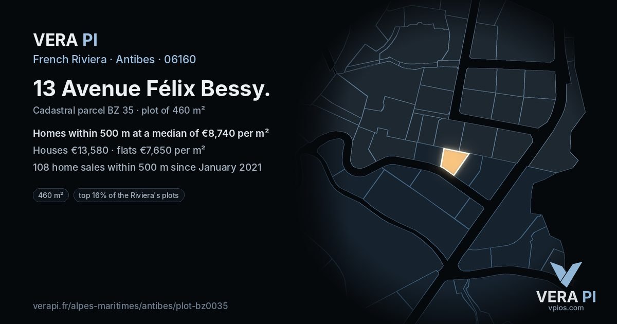 13 Avenue Félix Bessy, Antibes at night – the plot lit, the parcels around coloured by the prices near them