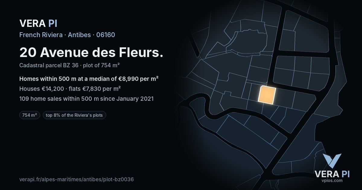 20 Avenue des Fleurs, Antibes at night – the plot lit, the parcels around coloured by the prices near them