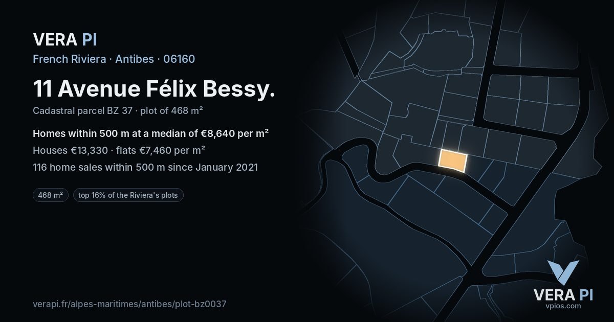 11 Avenue Félix Bessy, Antibes at night – the plot lit, the parcels around coloured by the prices near them