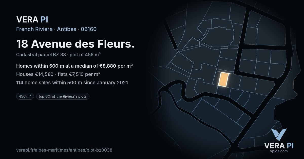 18 Avenue des Fleurs, Antibes at night – the plot lit, the parcels around coloured by the prices near them