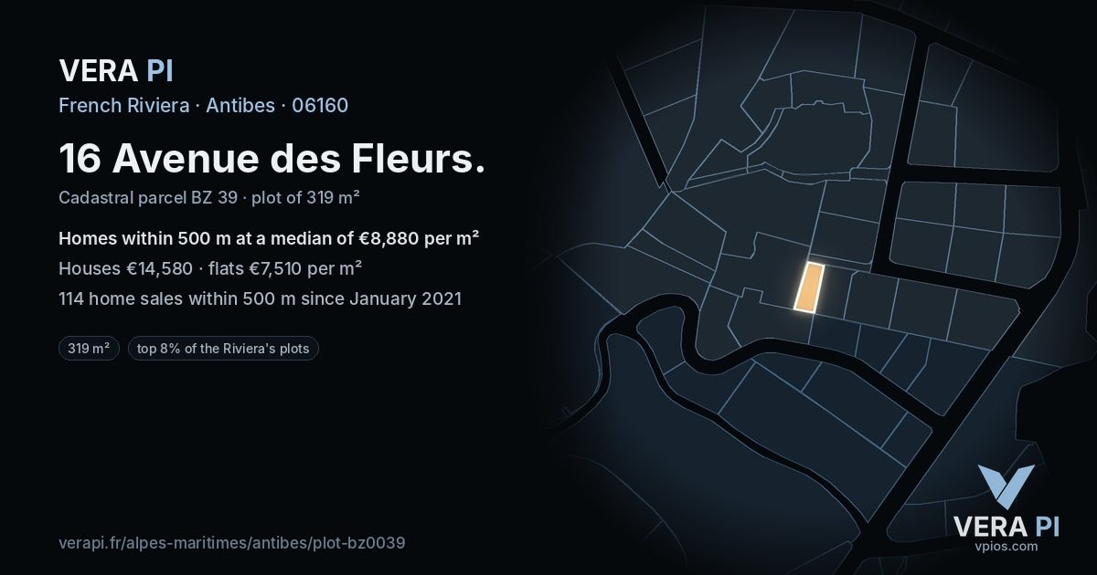 16 Avenue des Fleurs, Antibes at night – the plot lit, the parcels around coloured by the prices near them