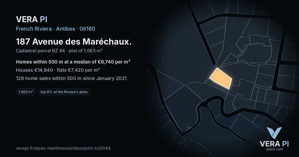 187 Avenue des Maréchaux, Antibes at night – the plot lit, the parcels around coloured by the prices near them
